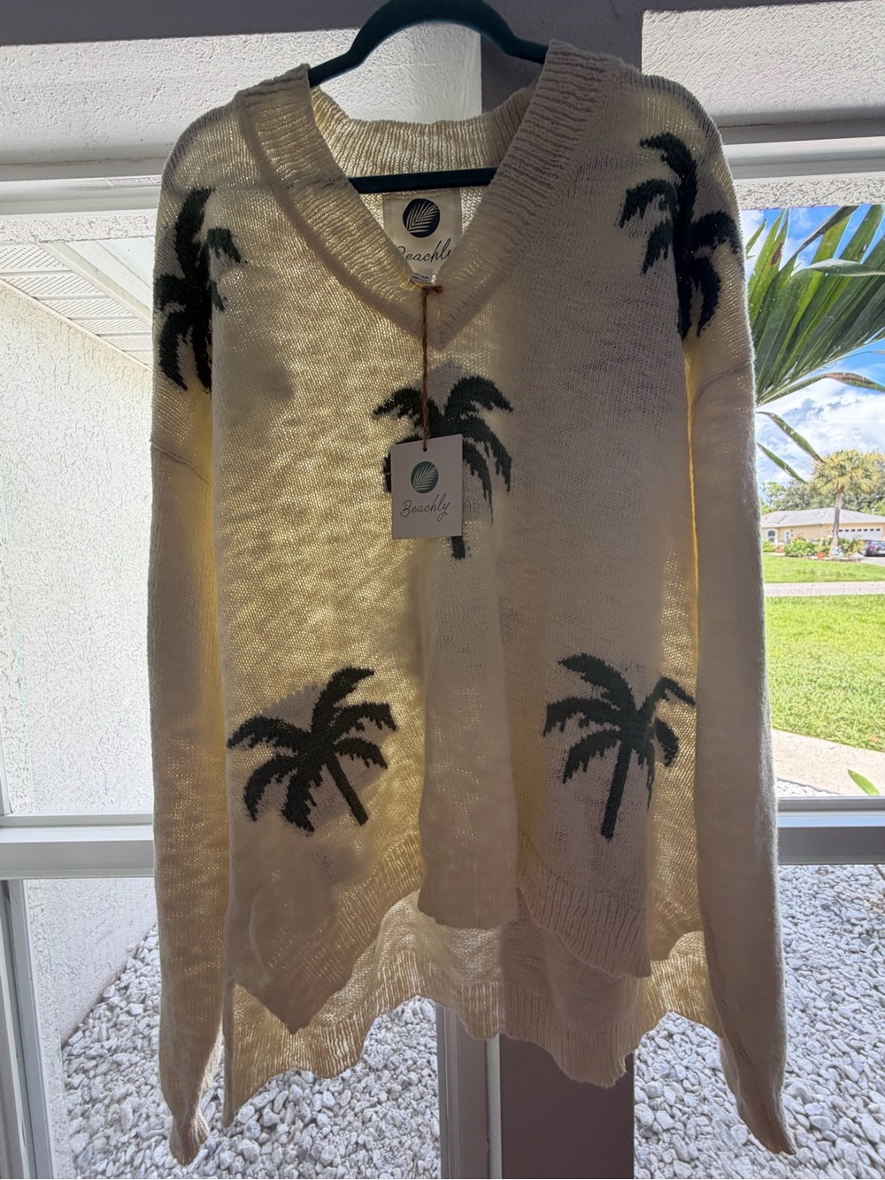 Beachly Palm-Print V-Neck Sweater - Cream